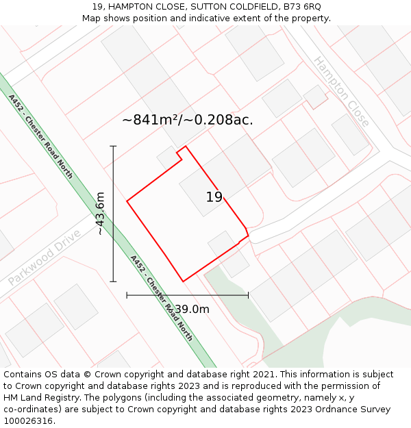 19, HAMPTON CLOSE, SUTTON COLDFIELD, B73 6RQ: Plot and title map