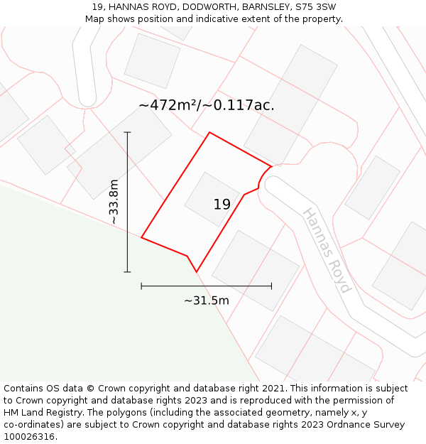 19, HANNAS ROYD, DODWORTH, BARNSLEY, S75 3SW: Plot and title map