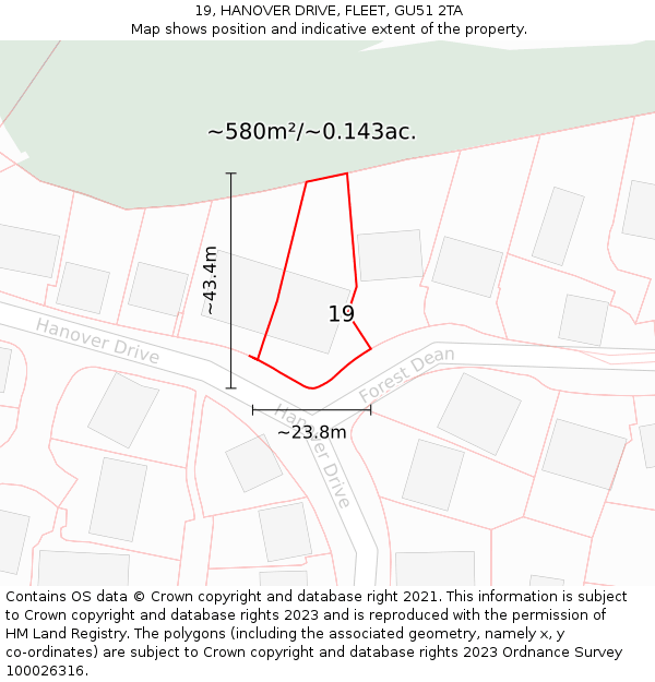 19, HANOVER DRIVE, FLEET, GU51 2TA: Plot and title map