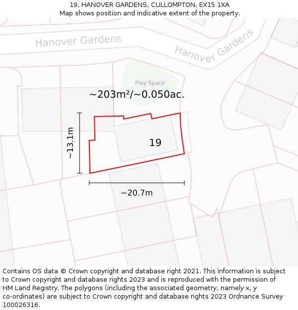19, HANOVER GARDENS, CULLOMPTON, EX15 1XA: Plot and title map