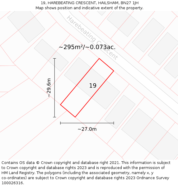 19, HAREBEATING CRESCENT, HAILSHAM, BN27 1JH: Plot and title map
