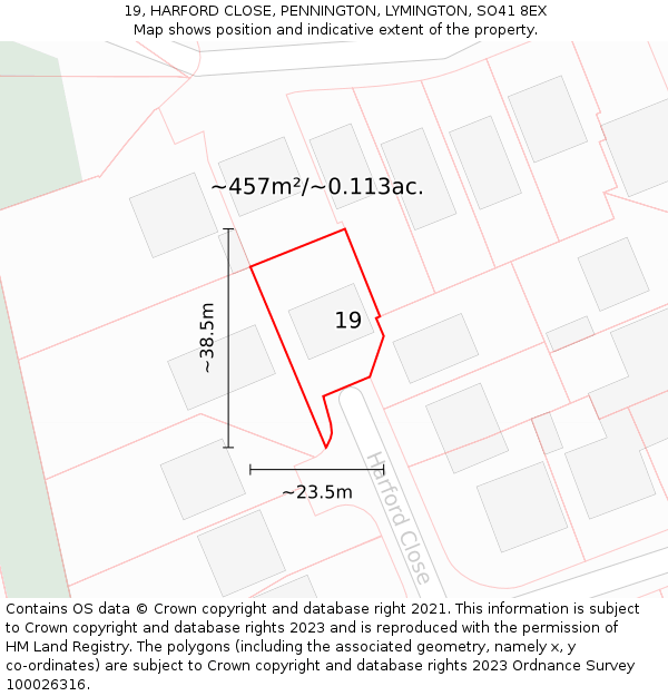 19, HARFORD CLOSE, PENNINGTON, LYMINGTON, SO41 8EX: Plot and title map