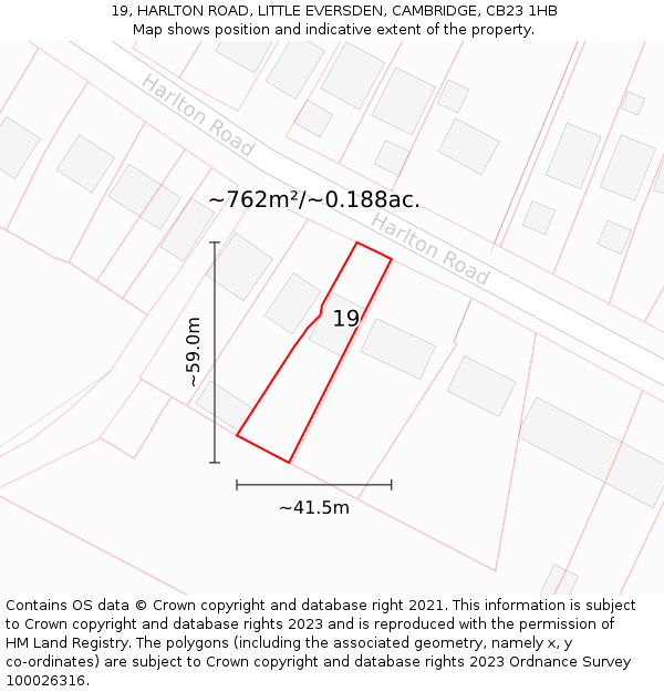 19, HARLTON ROAD, LITTLE EVERSDEN, CAMBRIDGE, CB23 1HB: Plot and title map