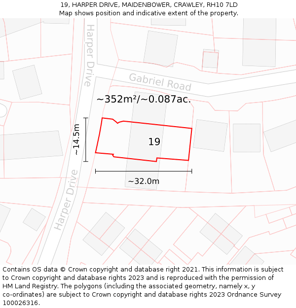 19, HARPER DRIVE, MAIDENBOWER, CRAWLEY, RH10 7LD: Plot and title map