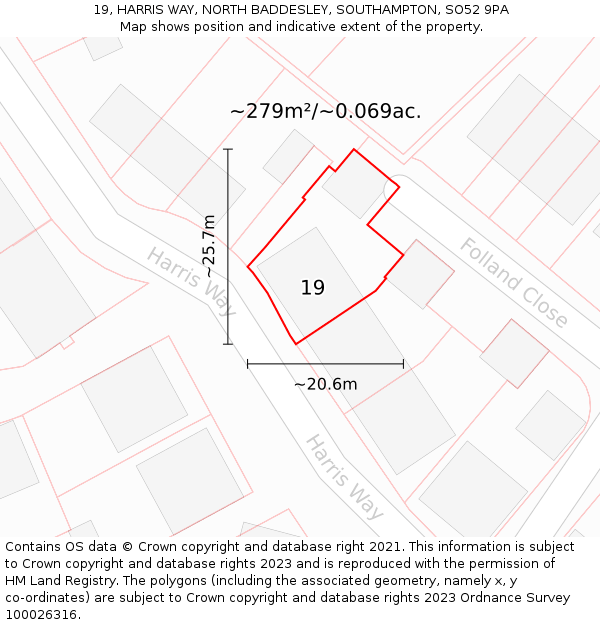 19, HARRIS WAY, NORTH BADDESLEY, SOUTHAMPTON, SO52 9PA: Plot and title map