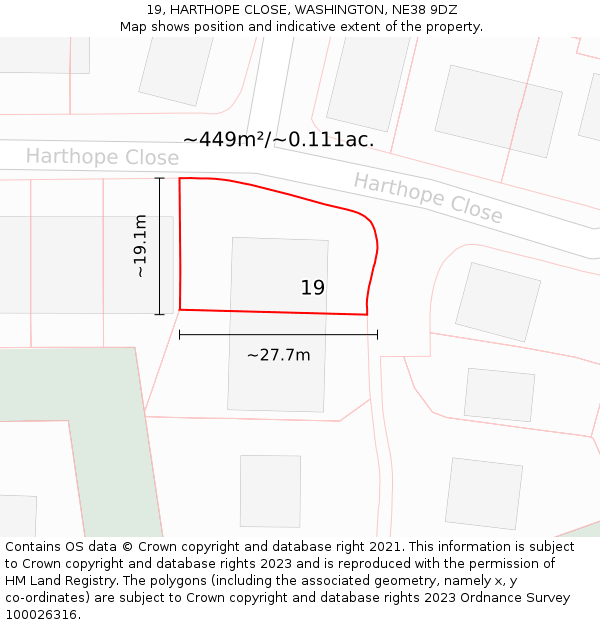 19, HARTHOPE CLOSE, WASHINGTON, NE38 9DZ: Plot and title map
