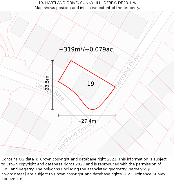19, HARTLAND DRIVE, SUNNYHILL, DERBY, DE23 1LW: Plot and title map