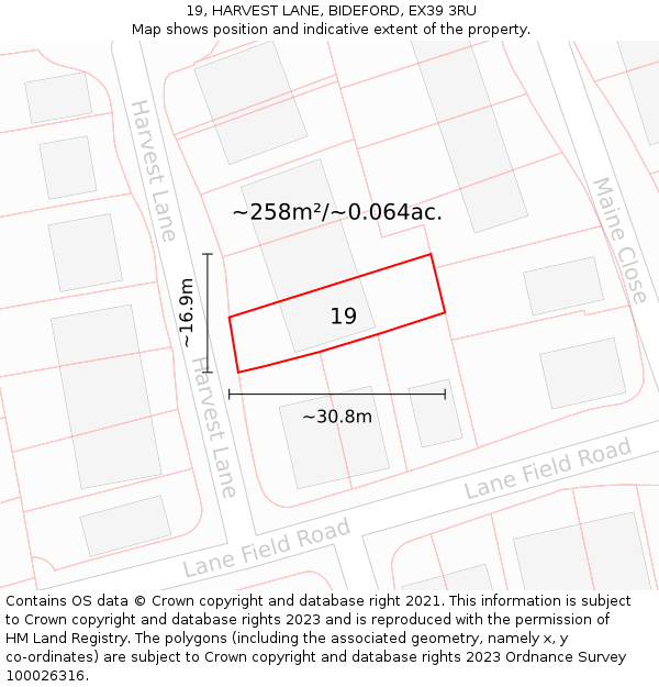 19, HARVEST LANE, BIDEFORD, EX39 3RU: Plot and title map