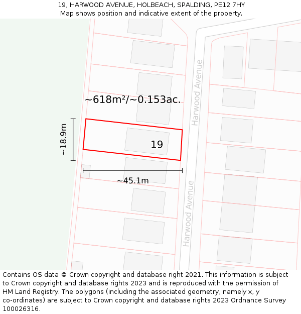 19, HARWOOD AVENUE, HOLBEACH, SPALDING, PE12 7HY: Plot and title map