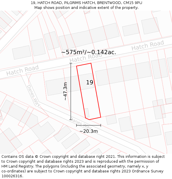 19, HATCH ROAD, PILGRIMS HATCH, BRENTWOOD, CM15 9PU: Plot and title map