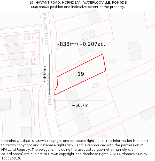 19, HAVANT ROAD, HORNDEAN, WATERLOOVILLE, PO8 0DB: Plot and title map