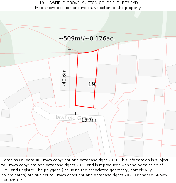 19, HAWFIELD GROVE, SUTTON COLDFIELD, B72 1YD: Plot and title map