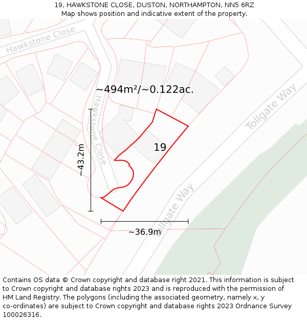 19, HAWKSTONE CLOSE, DUSTON, NORTHAMPTON, NN5 6RZ: Plot and title map