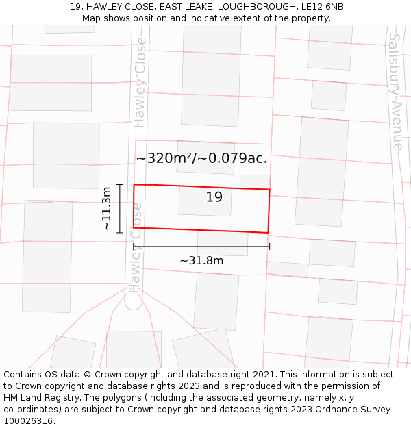 19, HAWLEY CLOSE, EAST LEAKE, LOUGHBOROUGH, LE12 6NB: Plot and title map