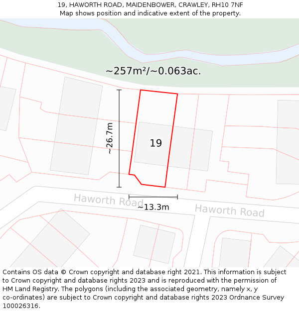 19, HAWORTH ROAD, MAIDENBOWER, CRAWLEY, RH10 7NF: Plot and title map