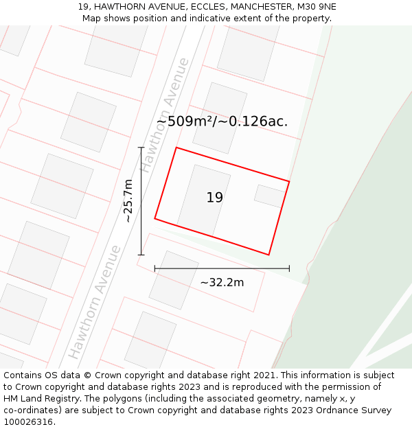 19, HAWTHORN AVENUE, ECCLES, MANCHESTER, M30 9NE: Plot and title map