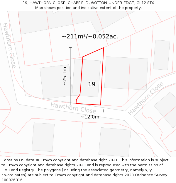 19, HAWTHORN CLOSE, CHARFIELD, WOTTON-UNDER-EDGE, GL12 8TX: Plot and title map