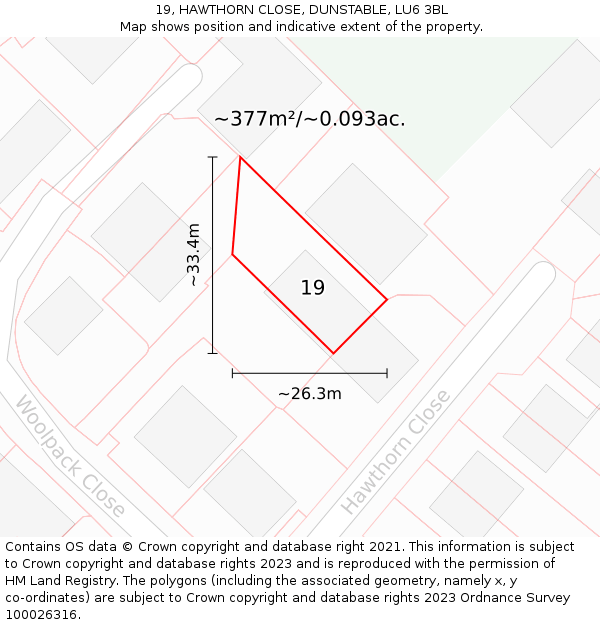 19, HAWTHORN CLOSE, DUNSTABLE, LU6 3BL: Plot and title map