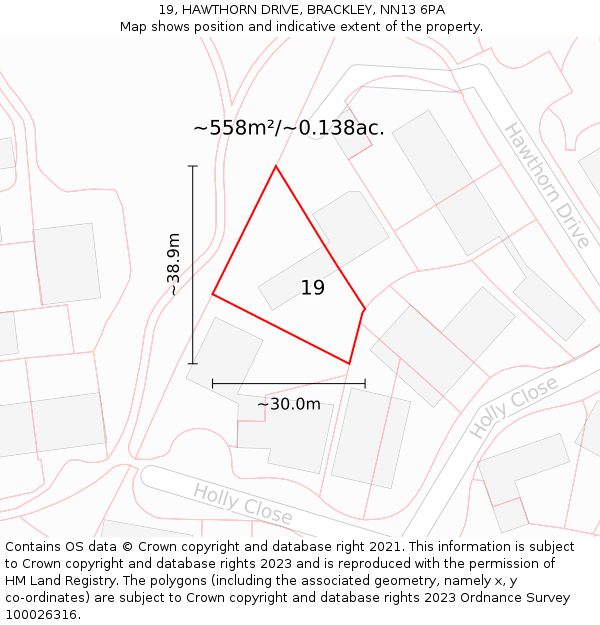 19, HAWTHORN DRIVE, BRACKLEY, NN13 6PA: Plot and title map
