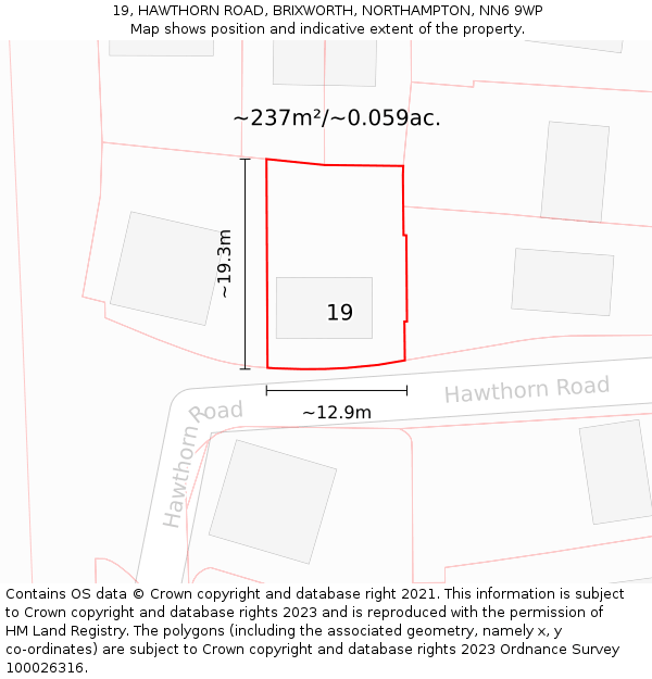 19, HAWTHORN ROAD, BRIXWORTH, NORTHAMPTON, NN6 9WP: Plot and title map