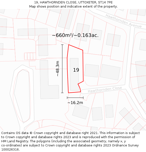 19, HAWTHORNDEN CLOSE, UTTOXETER, ST14 7PE: Plot and title map