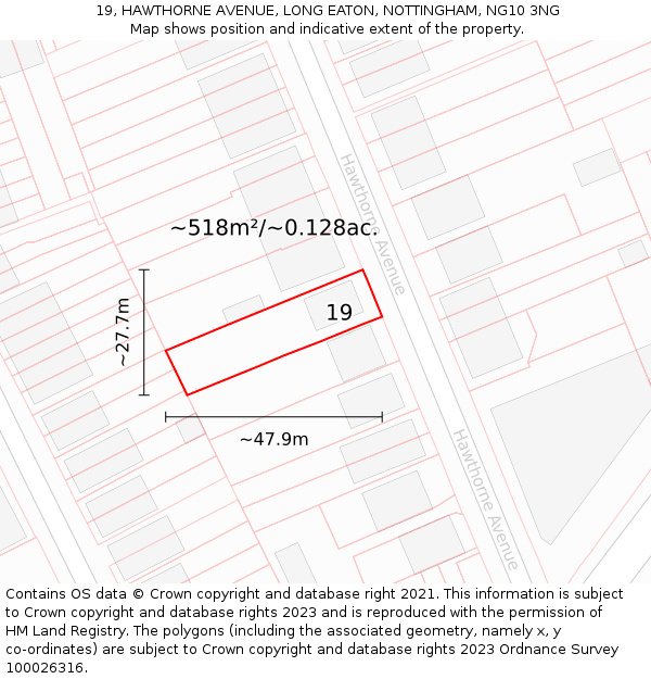 19, HAWTHORNE AVENUE, LONG EATON, NOTTINGHAM, NG10 3NG: Plot and title map