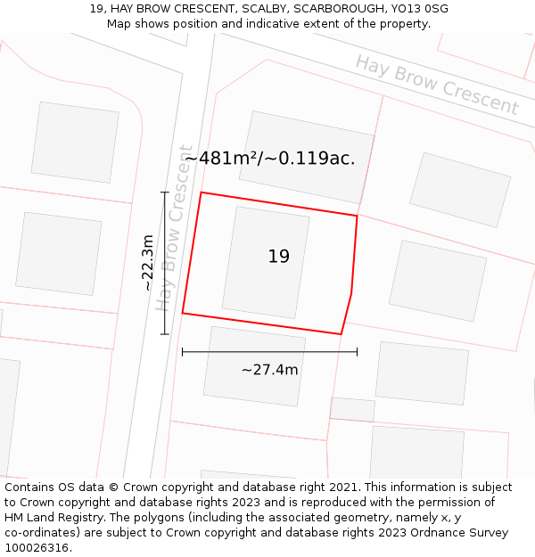19, HAY BROW CRESCENT, SCALBY, SCARBOROUGH, YO13 0SG: Plot and title map