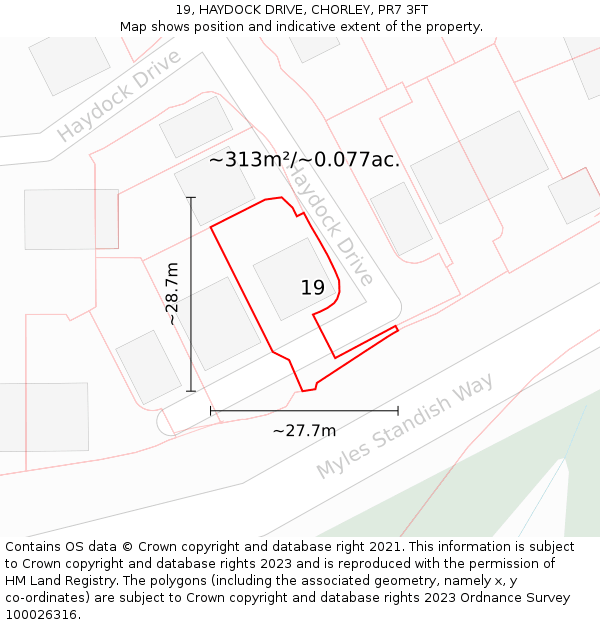 19, HAYDOCK DRIVE, CHORLEY, PR7 3FT: Plot and title map