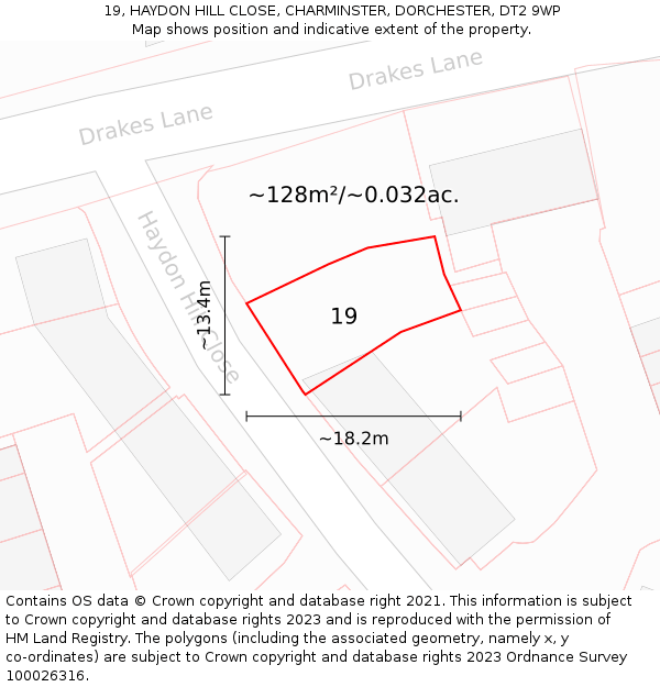 19, HAYDON HILL CLOSE, CHARMINSTER, DORCHESTER, DT2 9WP: Plot and title map