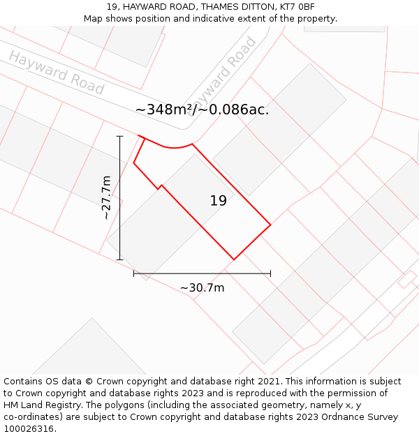 19, HAYWARD ROAD, THAMES DITTON, KT7 0BF: Plot and title map