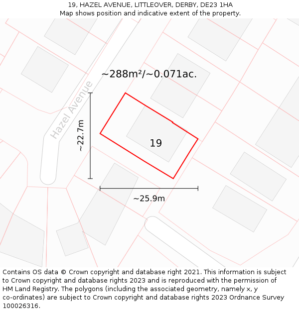 19, HAZEL AVENUE, LITTLEOVER, DERBY, DE23 1HA: Plot and title map