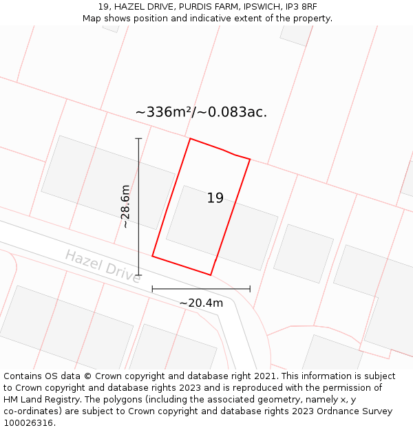 19, HAZEL DRIVE, PURDIS FARM, IPSWICH, IP3 8RF: Plot and title map