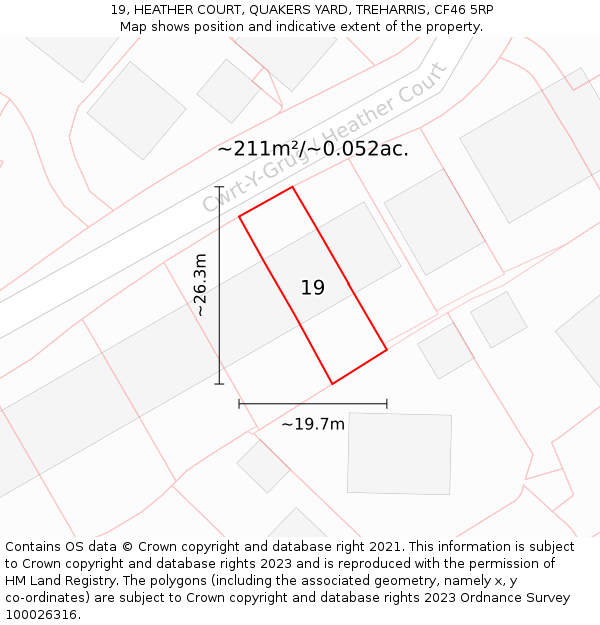 19, HEATHER COURT, QUAKERS YARD, TREHARRIS, CF46 5RP: Plot and title map