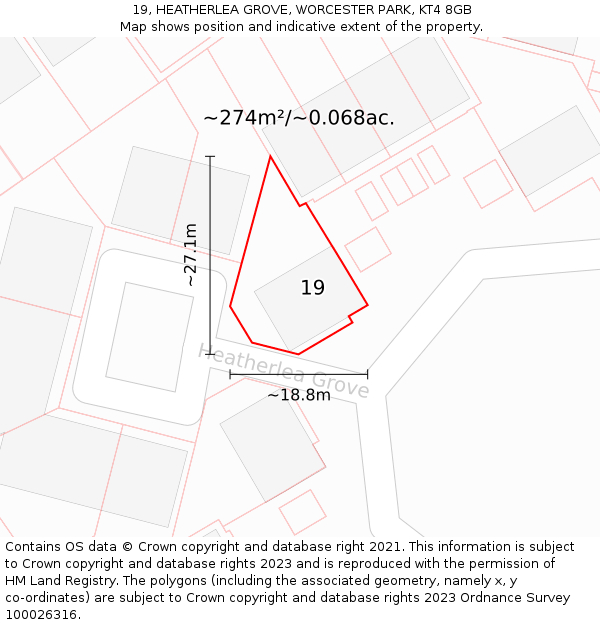 19, HEATHERLEA GROVE, WORCESTER PARK, KT4 8GB: Plot and title map