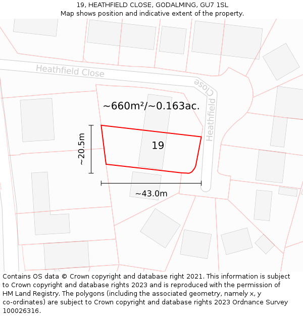 19, HEATHFIELD CLOSE, GODALMING, GU7 1SL: Plot and title map