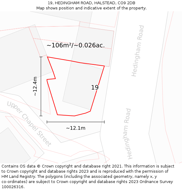 19, HEDINGHAM ROAD, HALSTEAD, CO9 2DB: Plot and title map