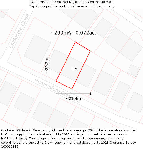 19, HEMINGFORD CRESCENT, PETERBOROUGH, PE2 8LL: Plot and title map