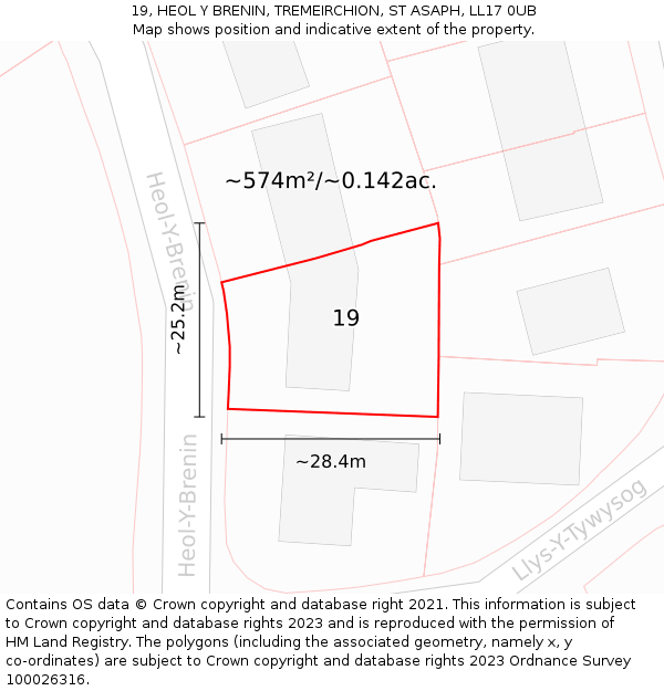 19, HEOL Y BRENIN, TREMEIRCHION, ST ASAPH, LL17 0UB: Plot and title map