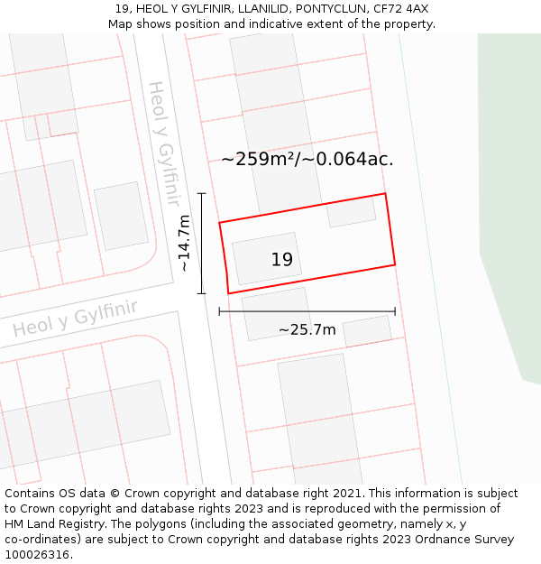 19, HEOL Y GYLFINIR, LLANILID, PONTYCLUN, CF72 4AX: Plot and title map