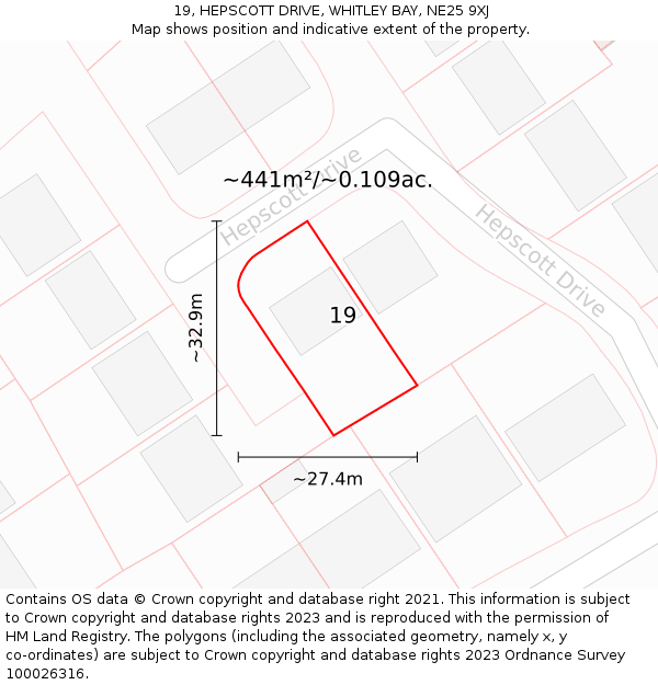 19, HEPSCOTT DRIVE, WHITLEY BAY, NE25 9XJ: Plot and title map