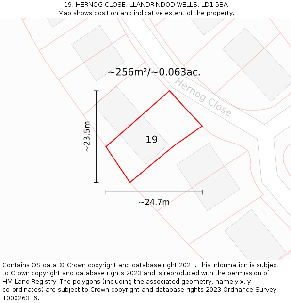 19, HERNOG CLOSE, LLANDRINDOD WELLS, LD1 5BA: Plot and title map