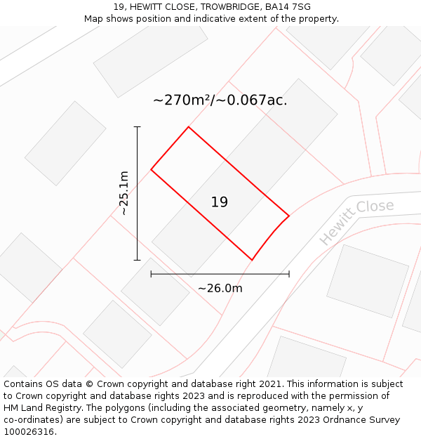19, HEWITT CLOSE, TROWBRIDGE, BA14 7SG: Plot and title map
