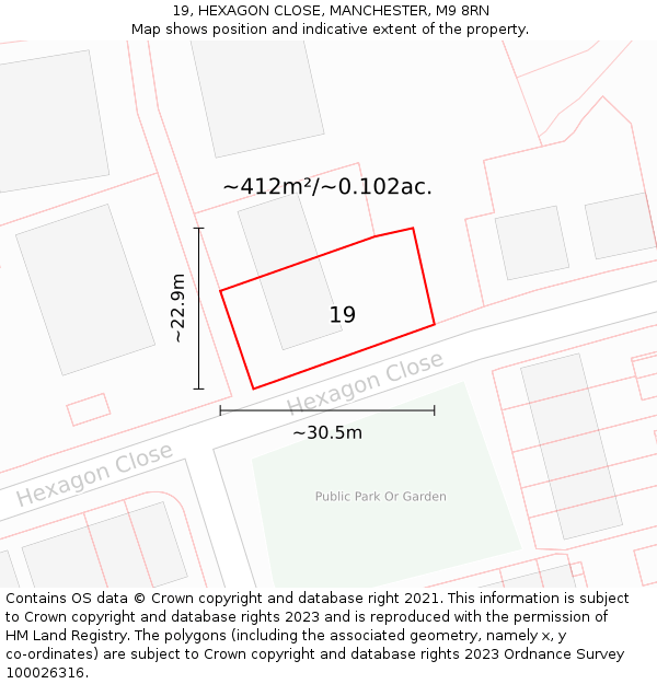 19, HEXAGON CLOSE, MANCHESTER, M9 8RN: Plot and title map