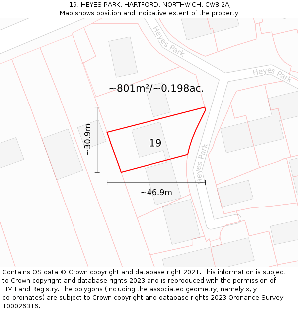 19, HEYES PARK, HARTFORD, NORTHWICH, CW8 2AJ: Plot and title map