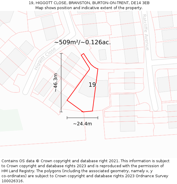 19, HIGGOTT CLOSE, BRANSTON, BURTON-ON-TRENT, DE14 3EB: Plot and title map