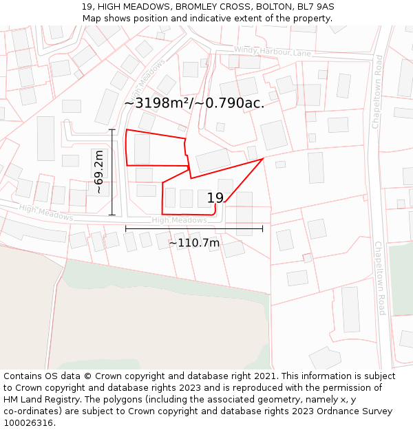 19, HIGH MEADOWS, BROMLEY CROSS, BOLTON, BL7 9AS: Plot and title map