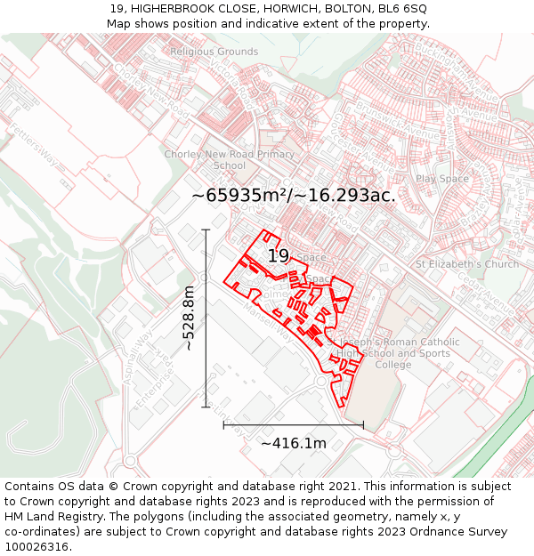 19, HIGHERBROOK CLOSE, HORWICH, BOLTON, BL6 6SQ: Plot and title map