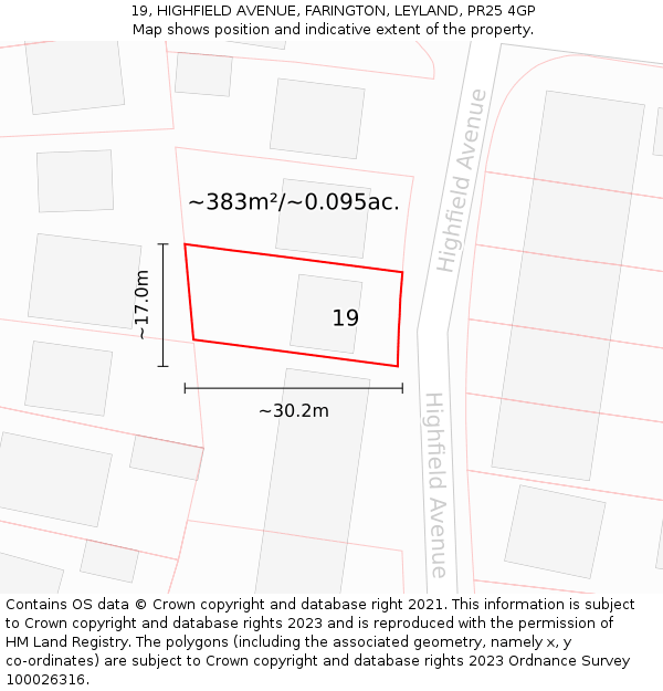19, HIGHFIELD AVENUE, FARINGTON, LEYLAND, PR25 4GP: Plot and title map