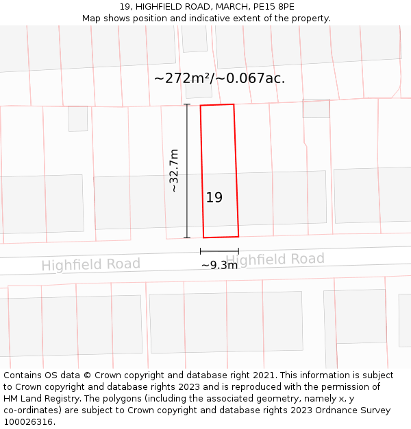 19, HIGHFIELD ROAD, MARCH, PE15 8PE: Plot and title map