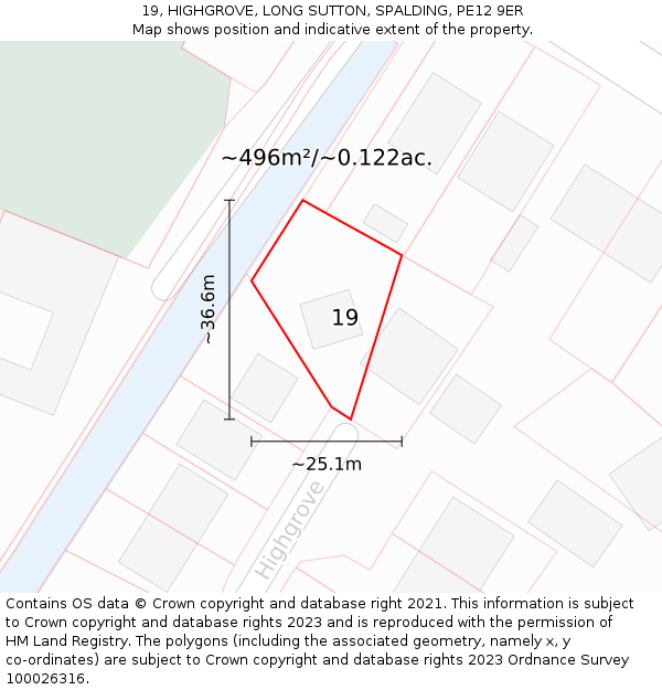19, HIGHGROVE, LONG SUTTON, SPALDING, PE12 9ER: Plot and title map
